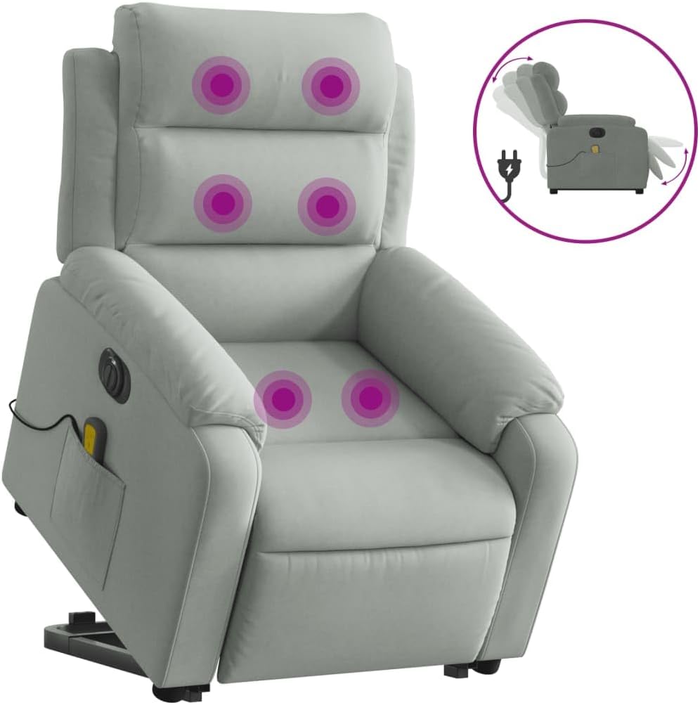 and Recline Massage Armchair in Light Gray Velvet - Motorized Standing Aid, Vibrating Massage, Comfort Design, 242.5 lb Capacity