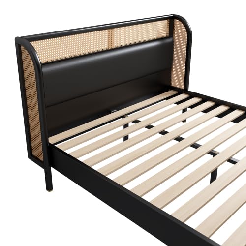 platform Bed Frame, Rustic & Bohemian Unique Style, Modern Rattan Wood Platform