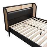 platform Bed Frame, Rustic & Bohemian Unique Style, Modern Rattan Wood Platform