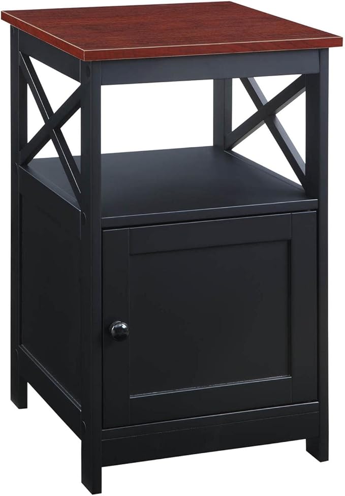 Oxford End Table with Storage Cabinet and Shelf, Cherry/Black