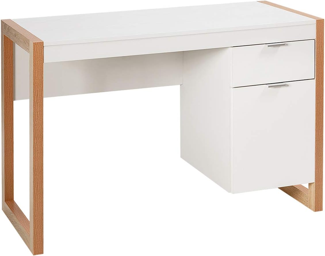 White Desk with Drawer & Cabinet, Wooden Home Office Desk