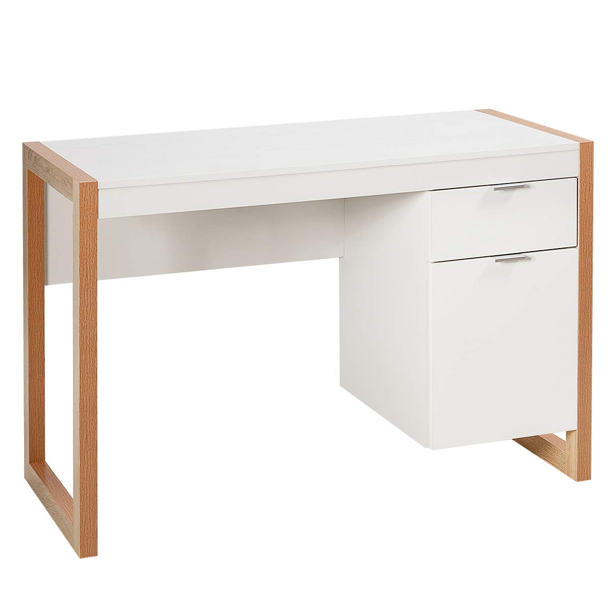 White Desk with Drawer & Cabinet, Wooden Home Office Desk