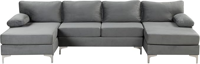 Modern Large Velvet Fabric U-Shape Sectional Sofa, Double Extra Wide