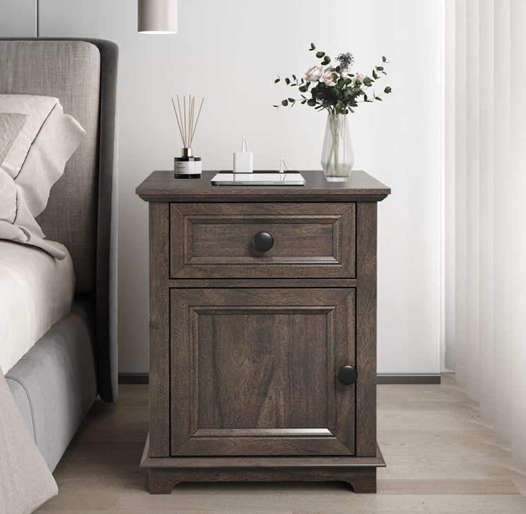 REDAYFUR 24" End Table with Fast Charging Station, Side Table with Drawer, Adjustable Shelf & Large Storage Cabinet, Vintage Wooden Nightstand for Living Room/Bedroom, Rustic Brown