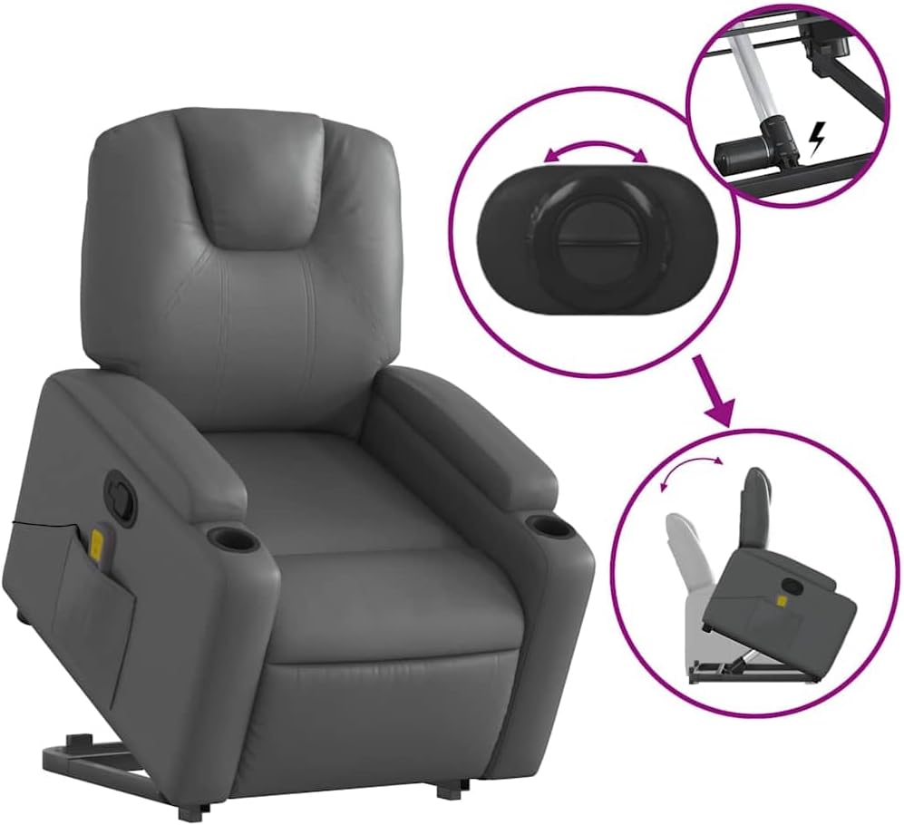 Power Lift Massage Recliner Chair - Manual Reclining, Vibrating Massage, Cup Holders, Faux Leather, Electric Stand-Up Aid, Gray