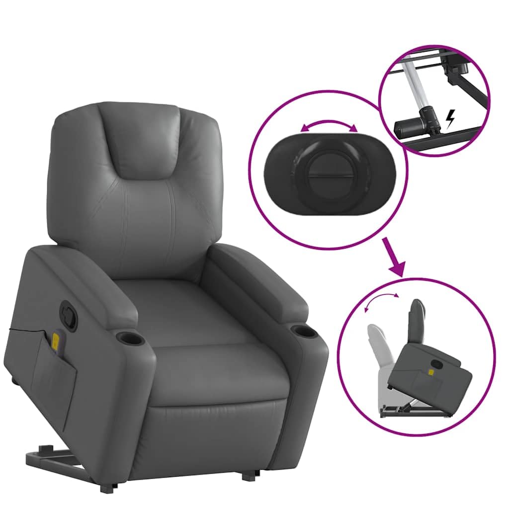 Power Lift Massage Recliner Chair - Manual Reclining, Vibrating Massage, Cup Holders, Faux Leather, Electric Stand-Up Aid, Gray