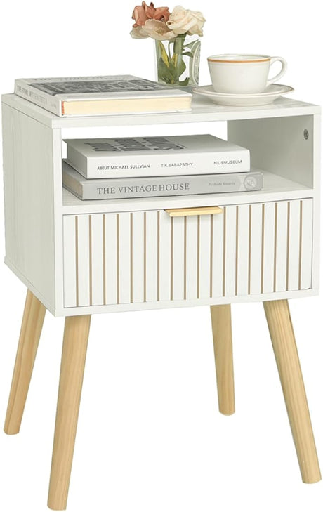 Nightstand with Charging Station, Wood Bedside Table with Drawer, Modern End Table for