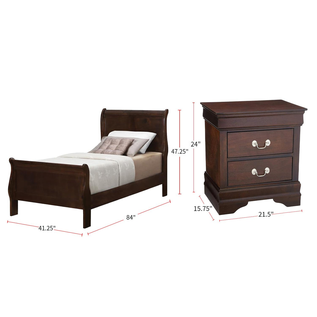 Louis Philippe 4-piece Bedroom Set Twin Size Traditional Wooden Sleigh Bed Frame