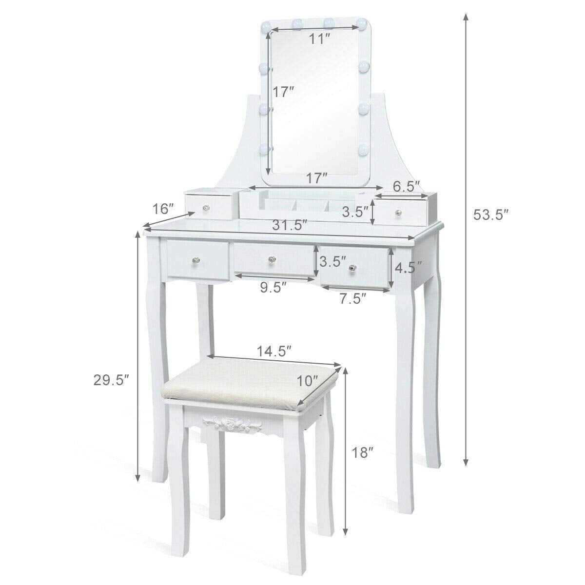 DORTALA Vanity Table Set w/Lighted Mirror, Morden Vanity Dressing Table w/ 10 Dimmable Light Bulbs & 5 Drawer, 2 Dividers Removable Organizer, Bedroom Makeup Table Set w/Cushioned Stool, White