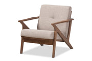 Bianca Mid-Century Modern Walnut Wood Light Grey Fabric Tufted Lounge Chair