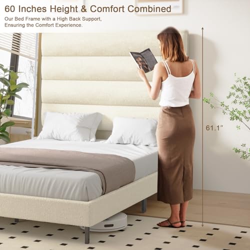 Tall Headboard Bed Frames, 61.1" Queen Size Bed Frame with Cashmere Upholstered,