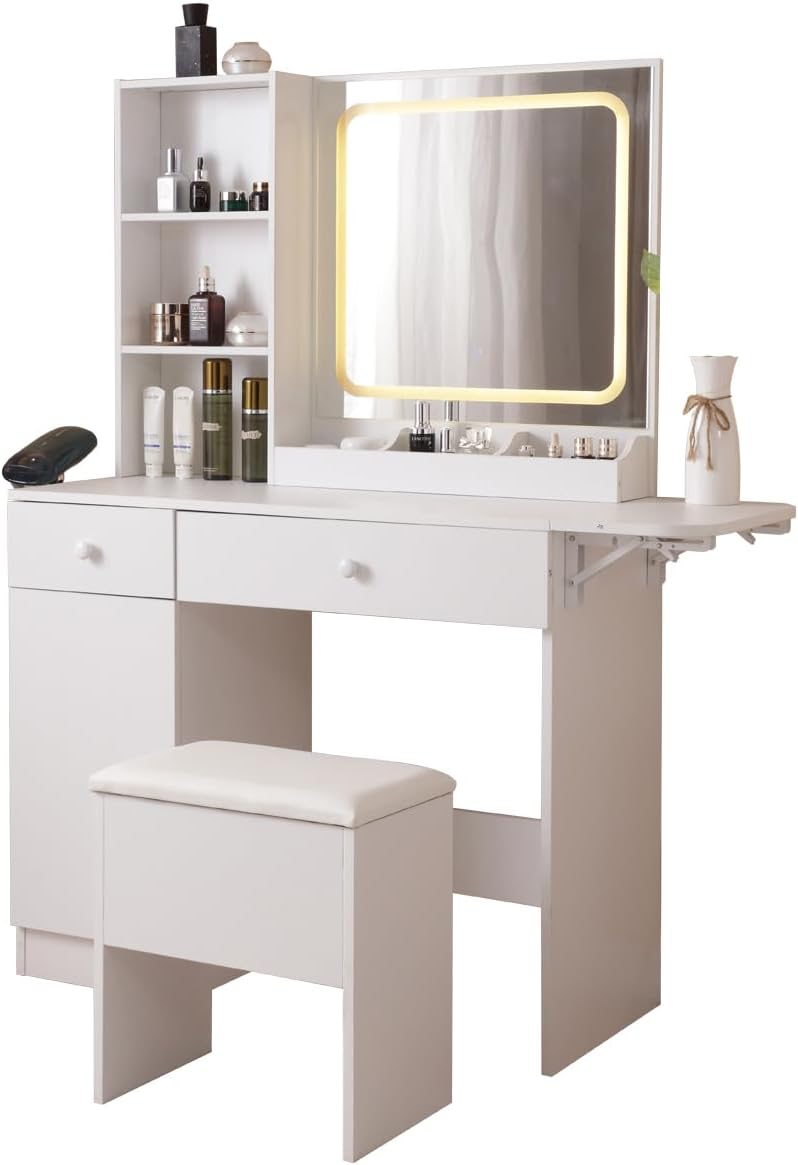 Vanity Desk with Lighted Mirror & Power Outlet, Makeup Vanity Desk with Drawers