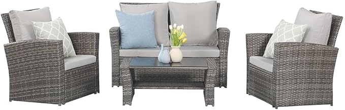 4 Piece Outdoor Patio Furniture Sets, Wicker Conversation Set for Porch Deck