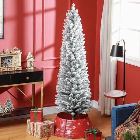 6ft Artificial Pencil Christmas Tree with 329 Snow Flocked Tips, Metal Base