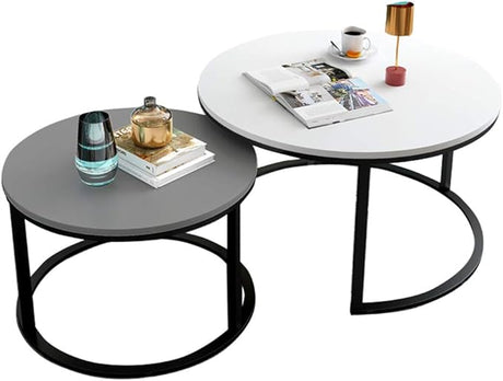 Round Side Tables Modern End Tables Nesting Tables for Balcony and Living Room, Extendable Stackable, Wood and Metal, White and Gray