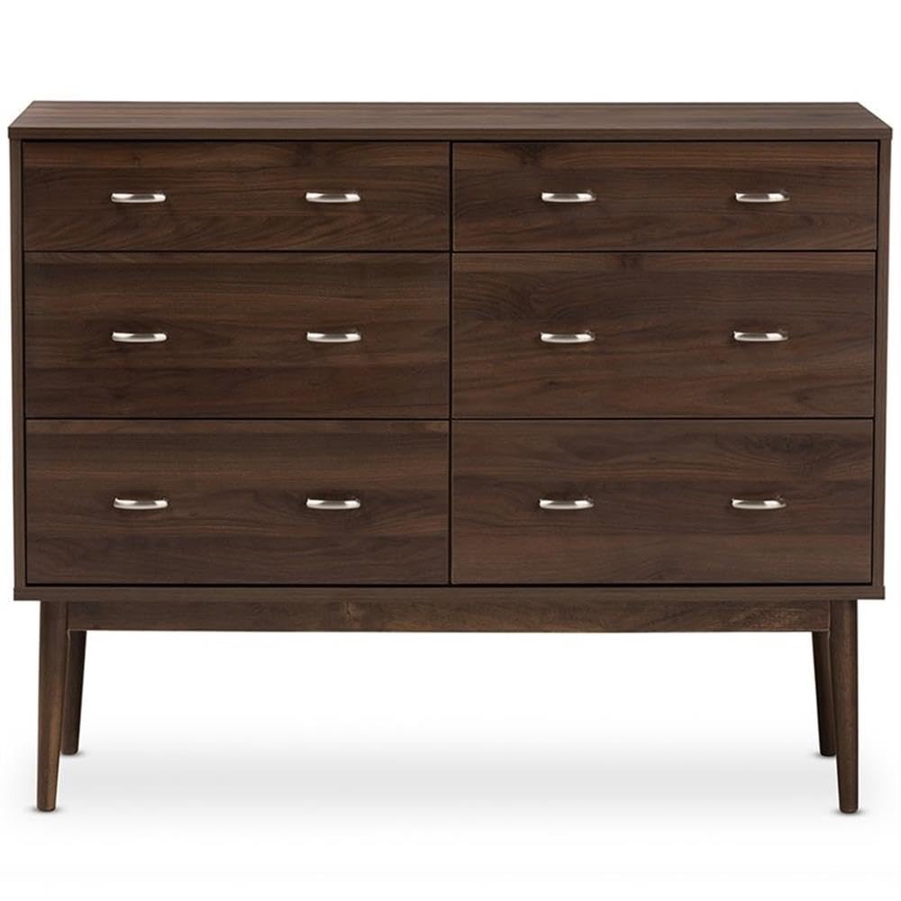 Mid-Century Modern Walnut Brown Finished 6-Drawer Dresser