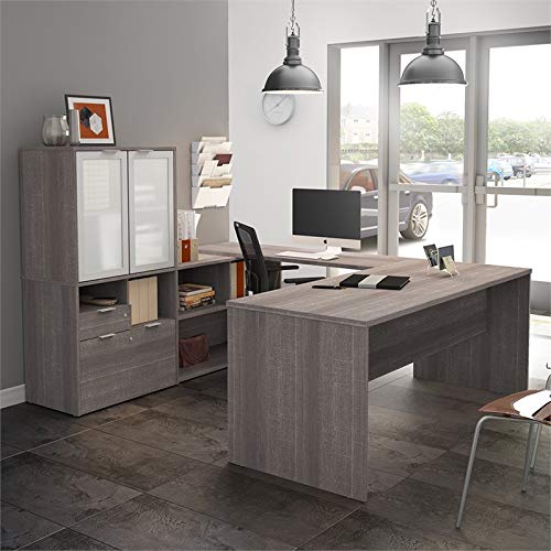 U Shape Computer Desk with Hutch in Bark Gray