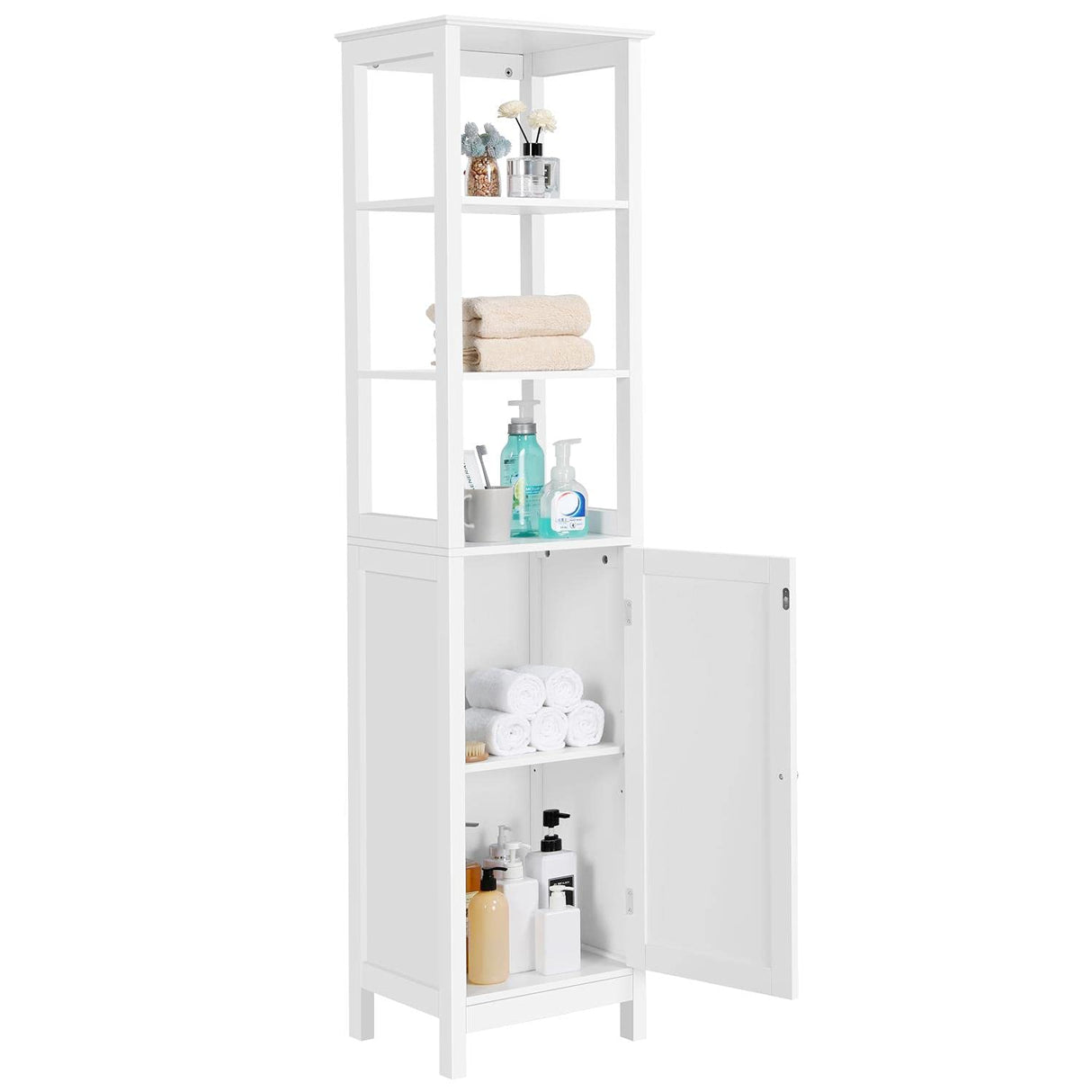 Bathroom Floor Cabinet, Wooden Tall Freestanding Cabinet with 3 Tier Shelves and Door Organizer,