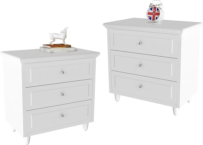 3 Drawers Nightstand, with Wood Legs,Modern White Drawers Dresser Bedside Nightstand