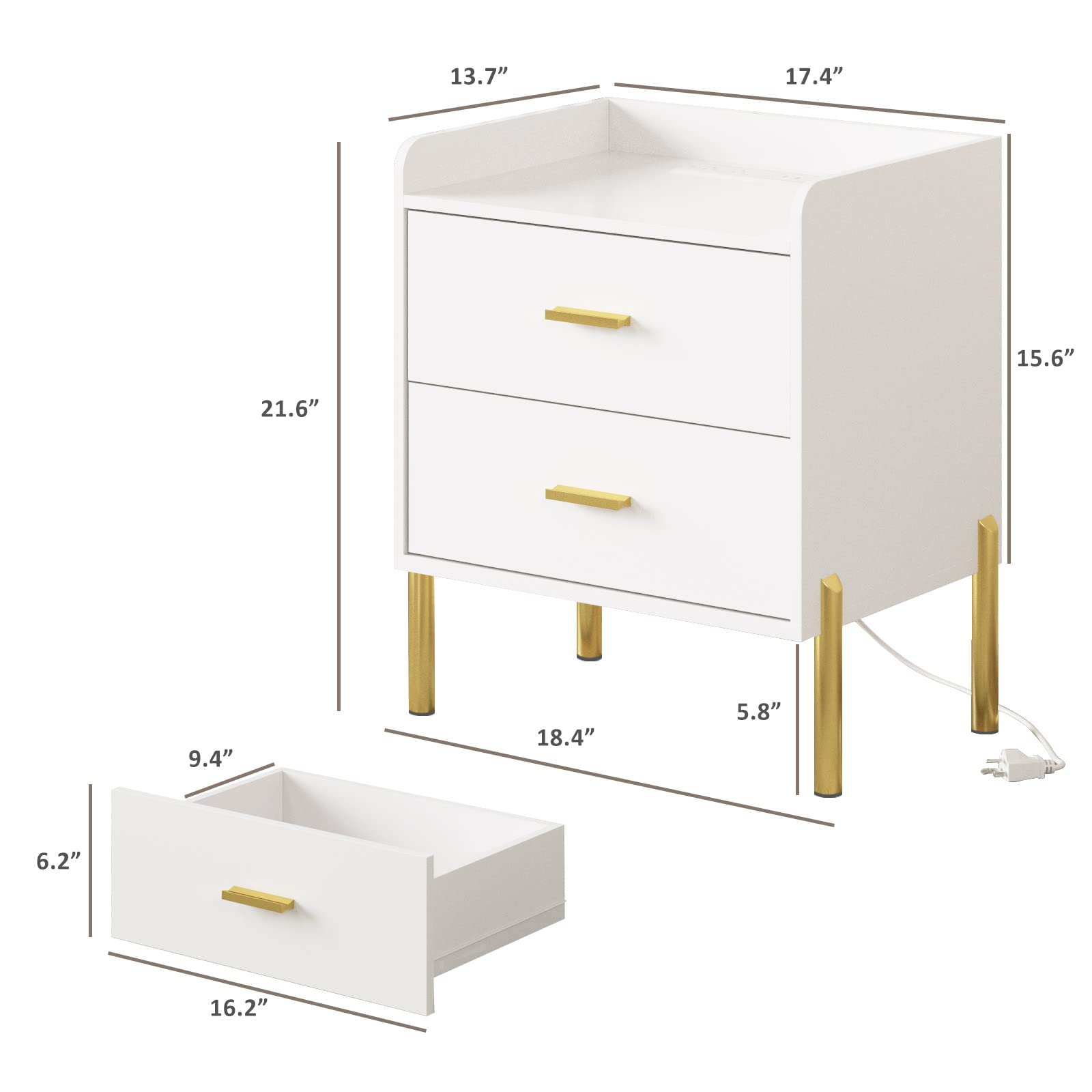 White Nightstand Set of 2,Mid Century Modern End Table with Charging Station