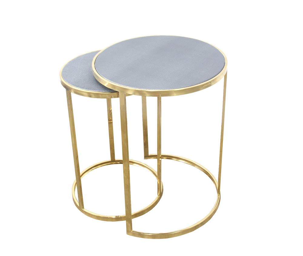 Charles Set of 2 Nesting Tables, Faux Shagreen in Gray with Gold Metal