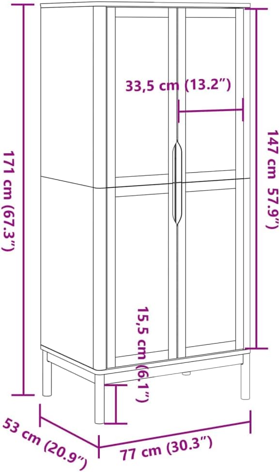 Wardrobe FLORO - Solid Pine Wood, White Finish, 30.3"x20.9"x67.3"