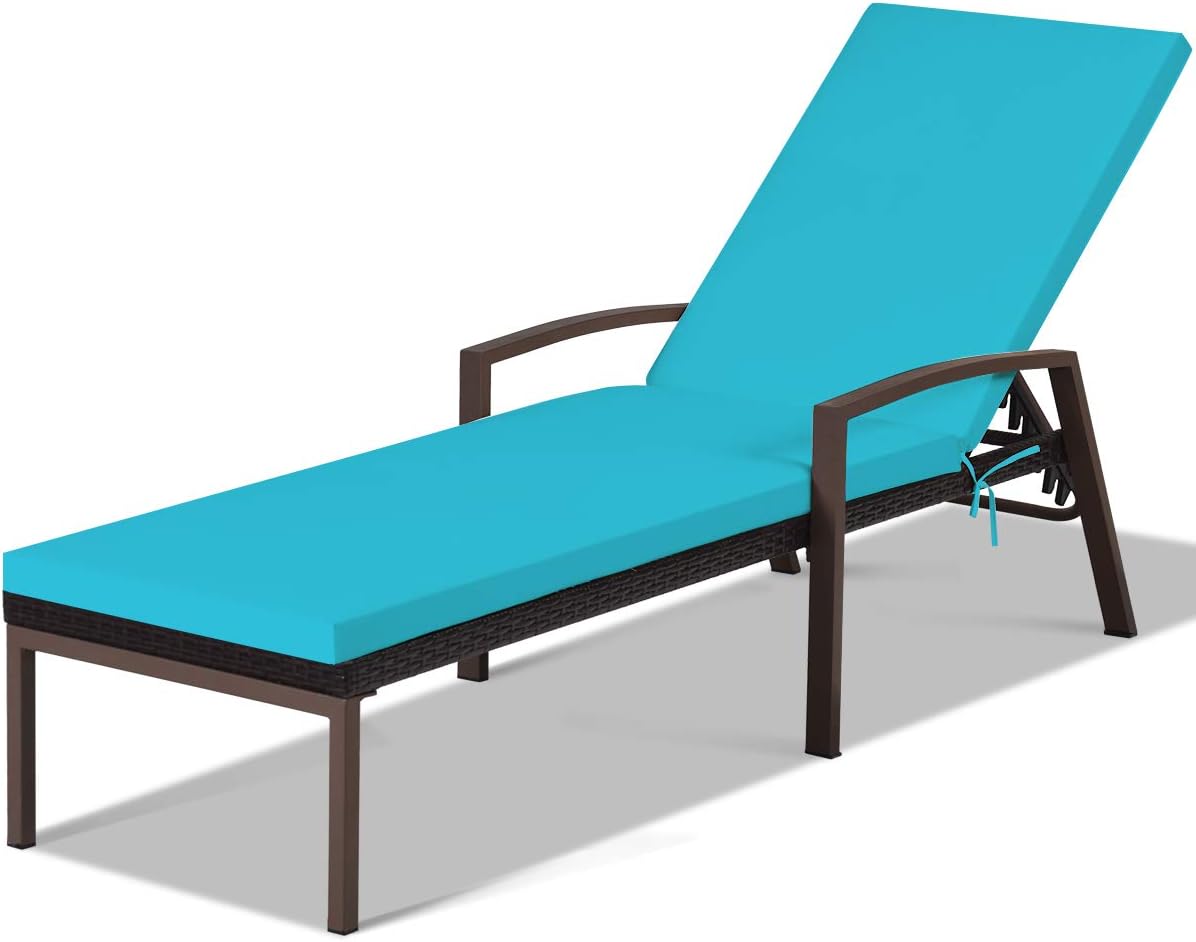 Patio Rattan Lounge Chair, Outdoor Reclining Chaise with Cushion and Armrest
