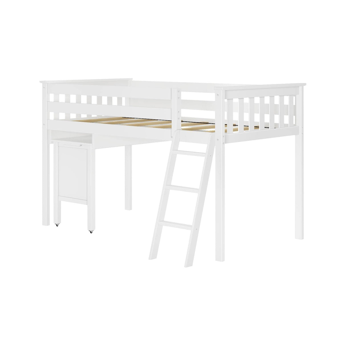 Low Loft Bed, Twin Bed Frame For Kids With Pull-Out Desk, White