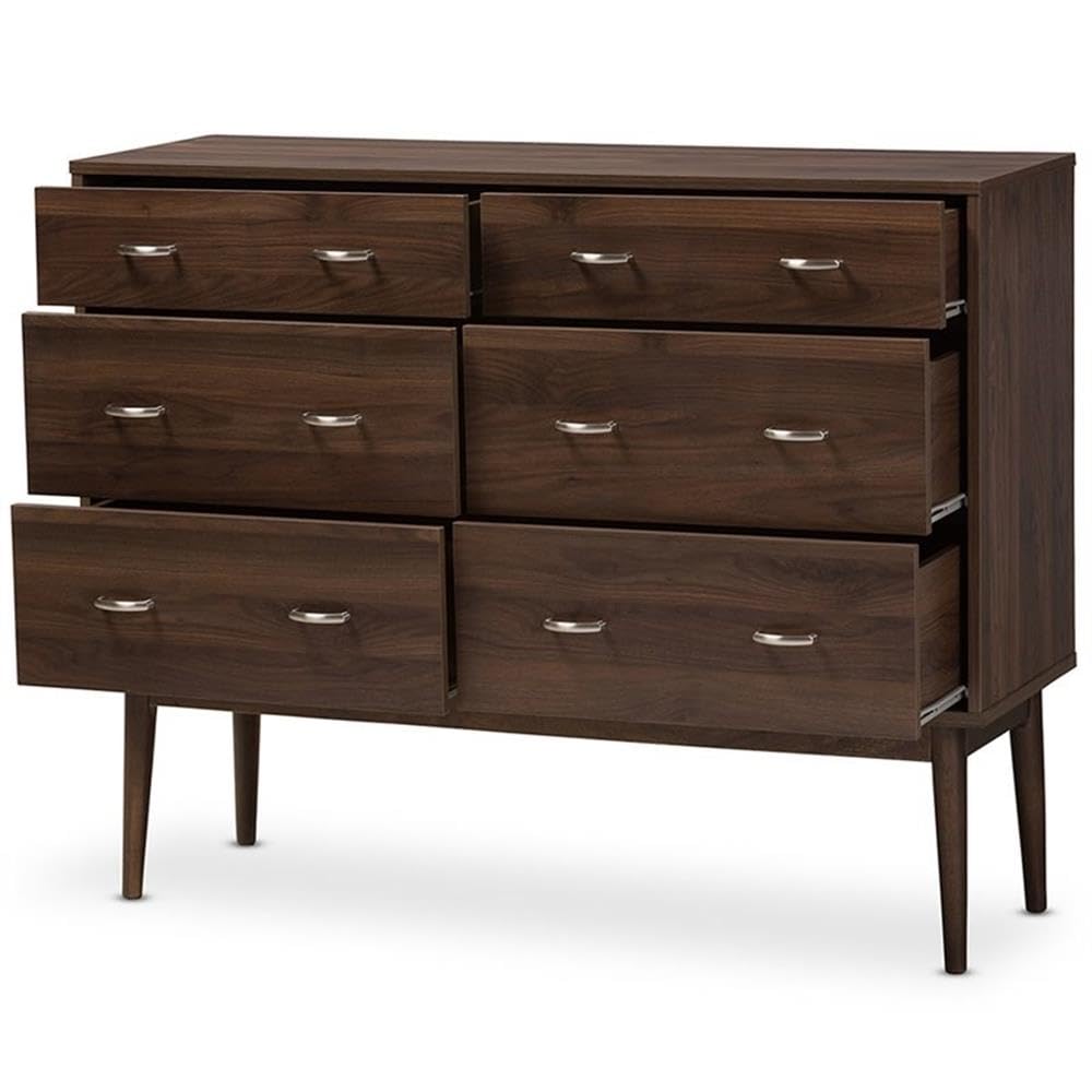 Mid-Century Modern Walnut Brown Finished 6-Drawer Dresser
