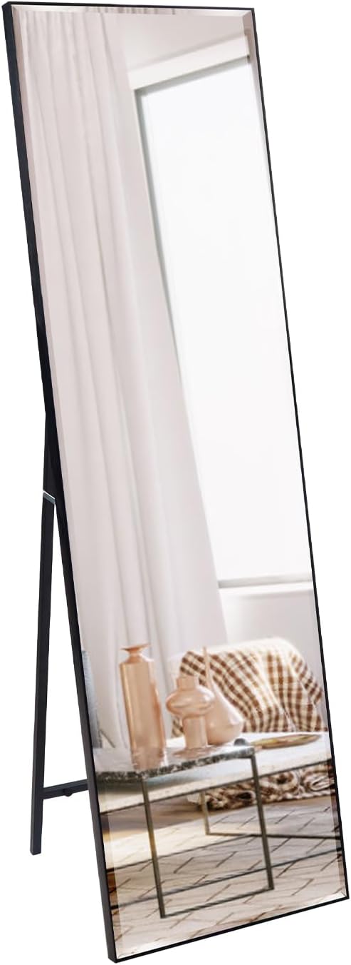 Full Length Mirror 55"x16" Standing or Wall Hanging, Vertical Black Frame HD Rectangle