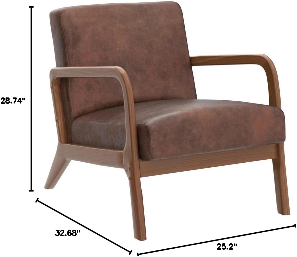 Classic Mid Century Modern Accent Chairs for Living Room or Bedroom, Espresso Finish Open-Framed Armchair with Plush Cushioning Microfiber Upholstery, Brown