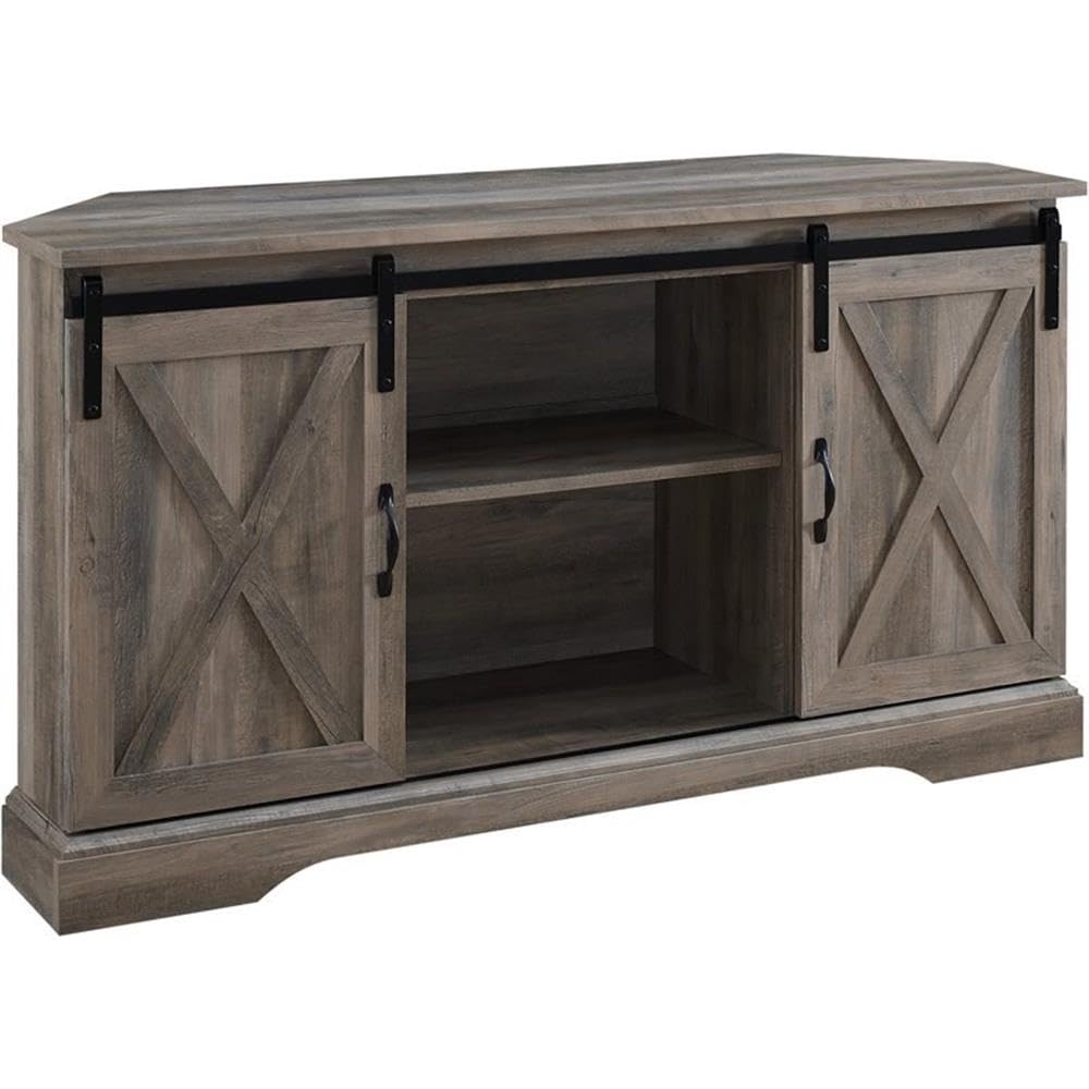 Farmhouse Wood Corner TV Stand for TVs up to 52" with Sliding Barn Doors, 3 Adjustable