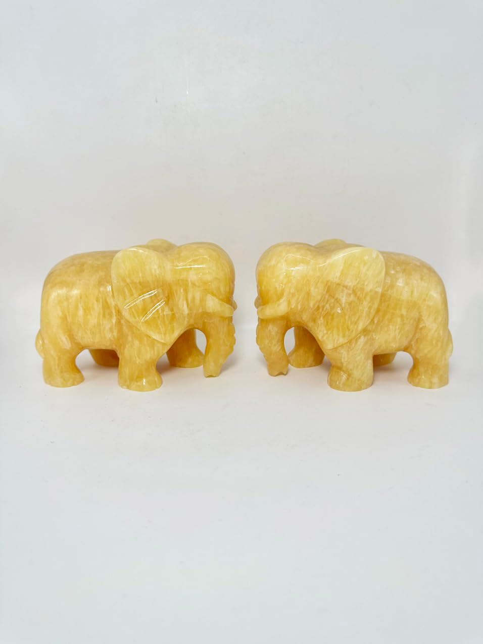 Yellow Onyx Marble Elephant Pair Statue Hand Carving Gifts Set of 2 Elephant Statue