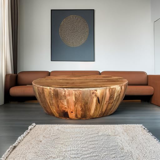 Mango Wood Coffee Table in Round Shape, Dark Brown