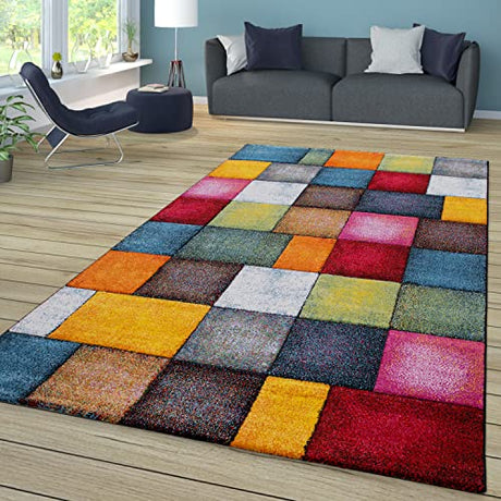 Colorful Living Room Rug Check Design with Squares Multicolor, Size: 3'11" x 5'7"