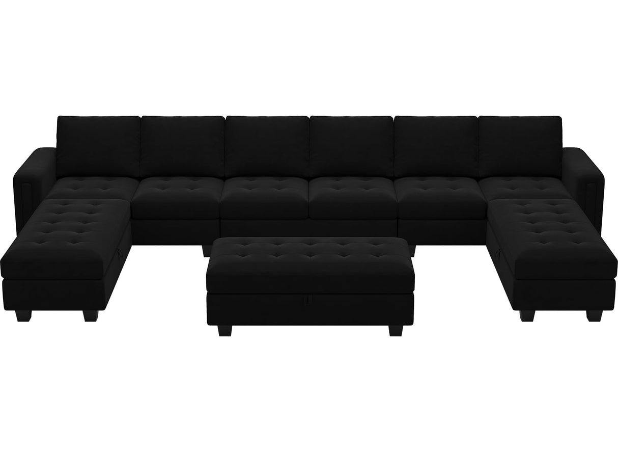 Velvet U Shaped Modular Sectional Sofa Set with Storage Ottoman, 8 Seater, Black