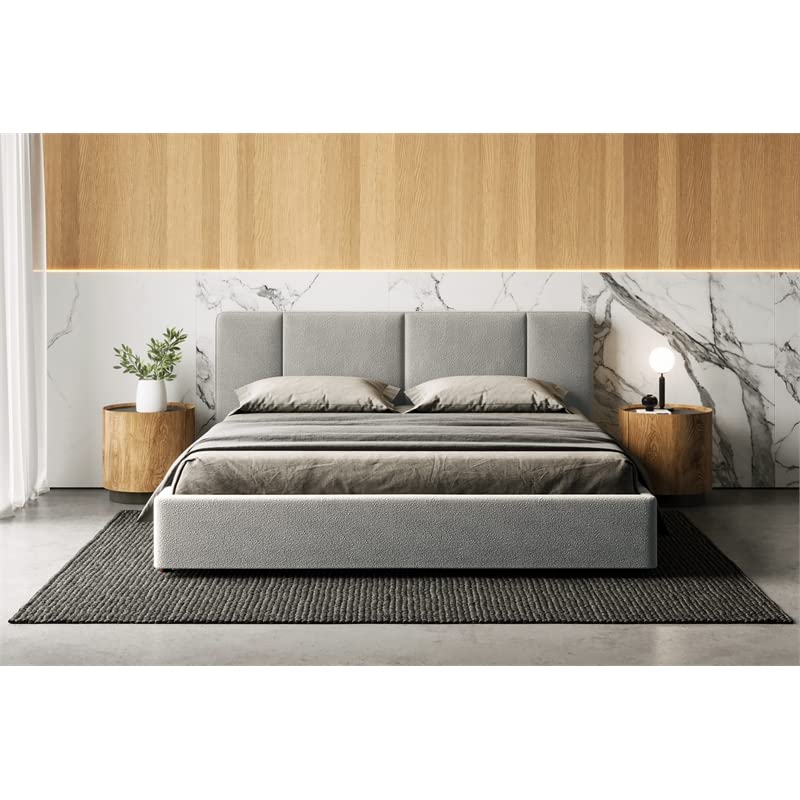 Venice Upholstered Platform Bed | Box Spring Not Required | (Grey Boucle, King Bed