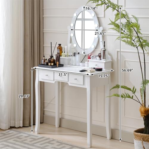 White Makeup Vanity with Lighted Mirror, Round Led Mirror Vanity