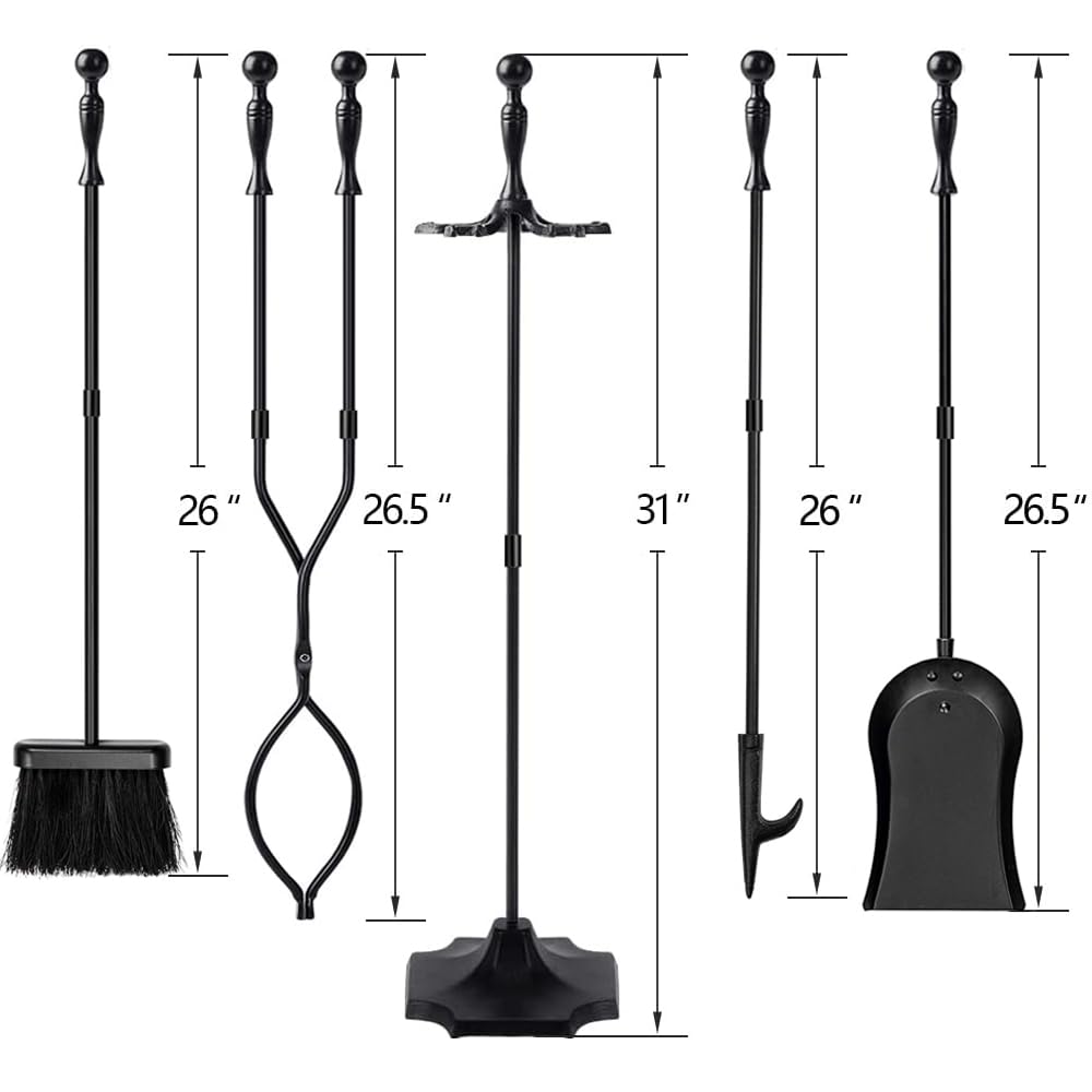 5 Pcs Fireplace Tools Sets Black Handle Wrought Iron Large Fire Tool Set