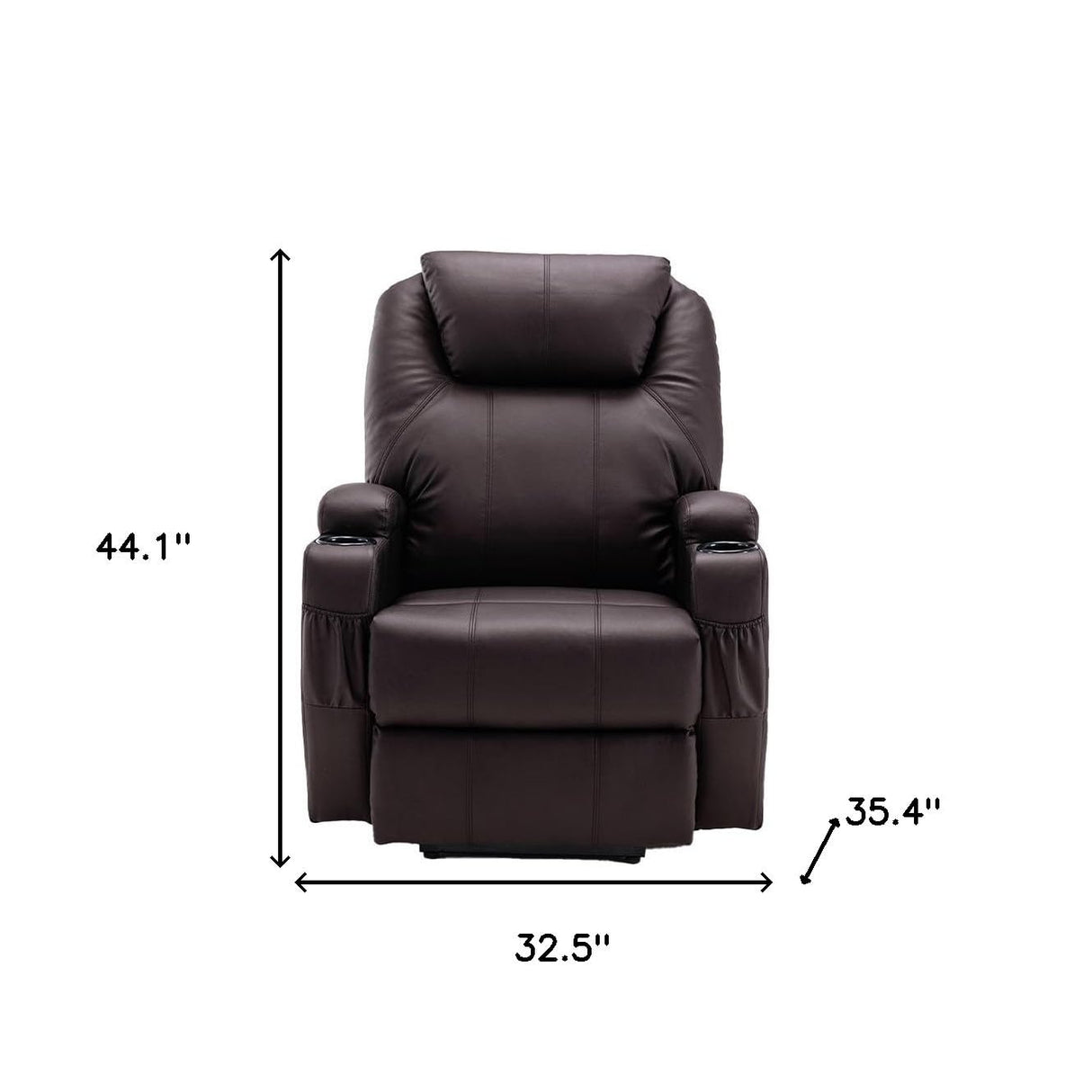 HomeRoots 33" Brown Faux Leather Power Heated Massage Lift Assist Recliner