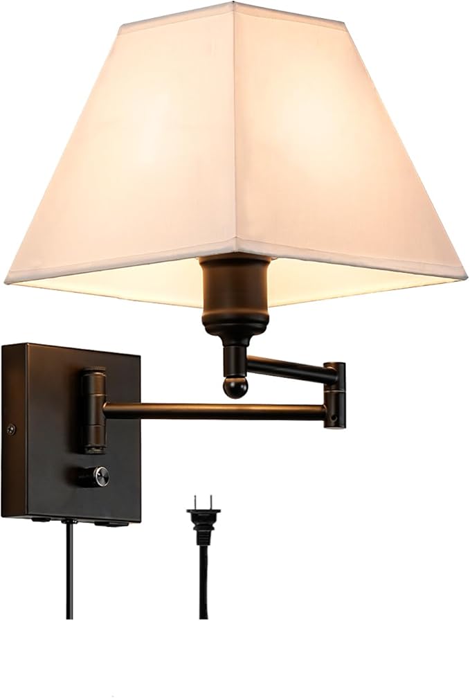 Swing Arm Wall Sconces, Plug-in Wall lamp,Bedroom Wall lamp ， White Fabric Shade