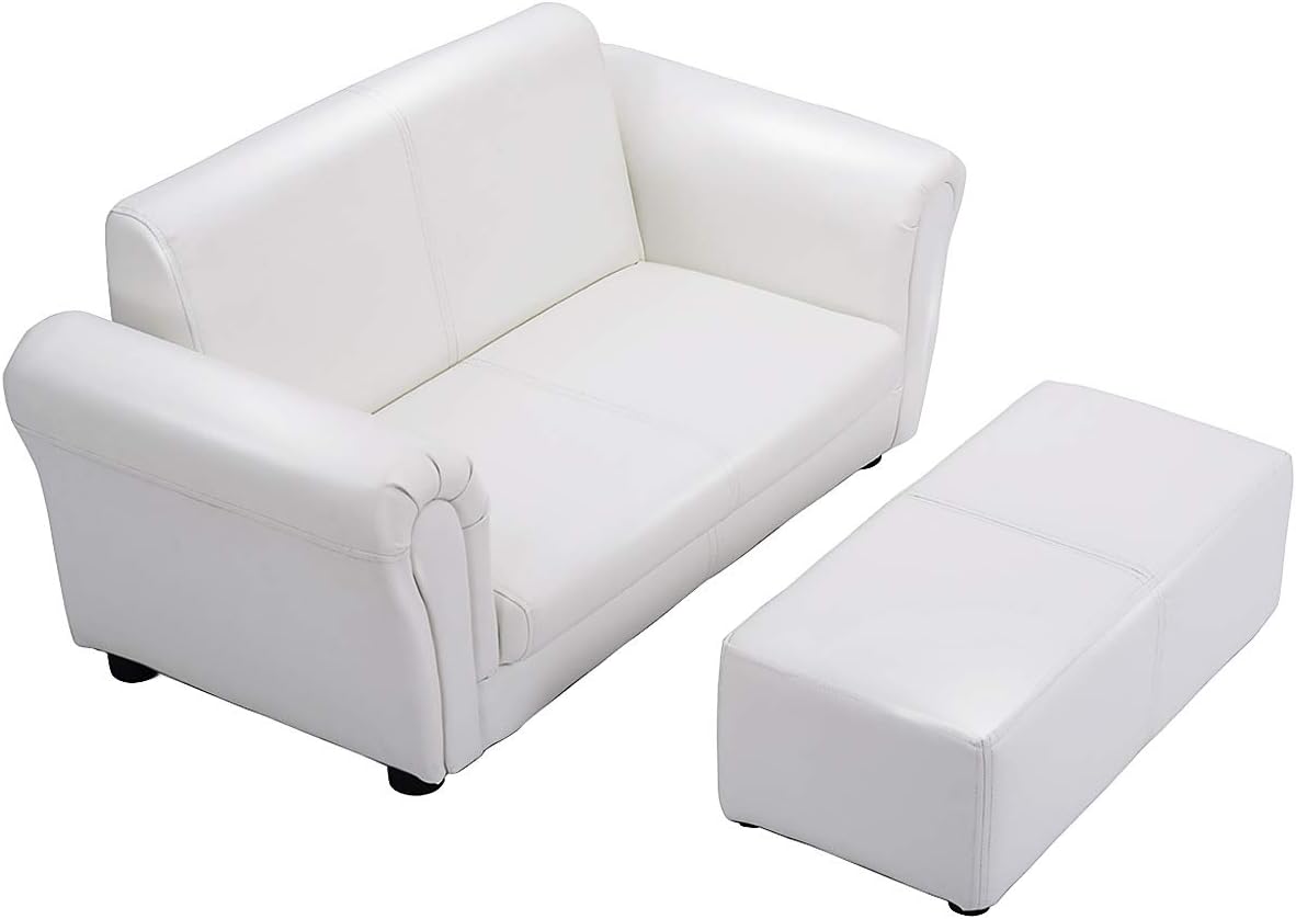 Kids Couch with Footstool, 2 in 1 Double Seat Children's Sofa w/PU Leather Surface