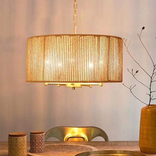 5-Lights Boho Rattan Chandelier for Dining Room19 Inch Large Gold Drum Chandeliers