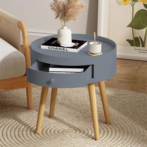 Nightstand with Storage Drawer & Oak Legs, Gray Bedside Table, Sofa Side Coffee Table