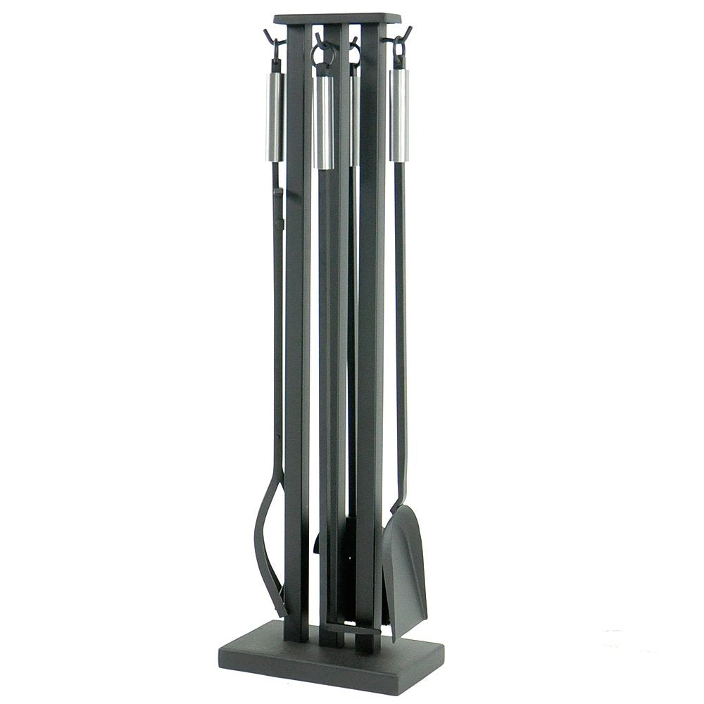 5 Pc Fireplace Set in Matte Black w Brushed Steel Finish Handles