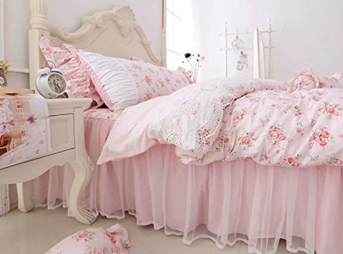 Romantic Roses Print Duvet Cover Set with Bed Skirt Pink Lace Ruffle Floral Shabby