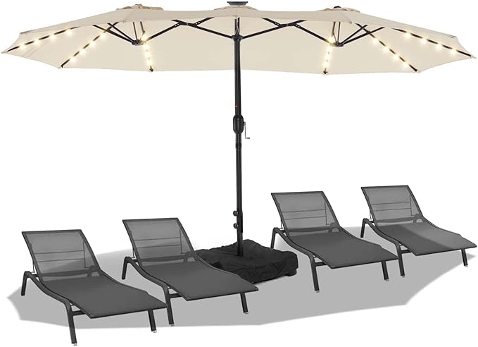 15FT Solar LED Patio Umbrella with Base,Outdoor Double-Sided Umbrella with Crank Handle,