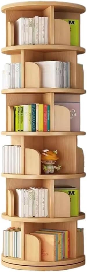 6 Tier Rotating Bookcase,360°Display Wood Round Bookshelf, Corner Bookshelf for Small