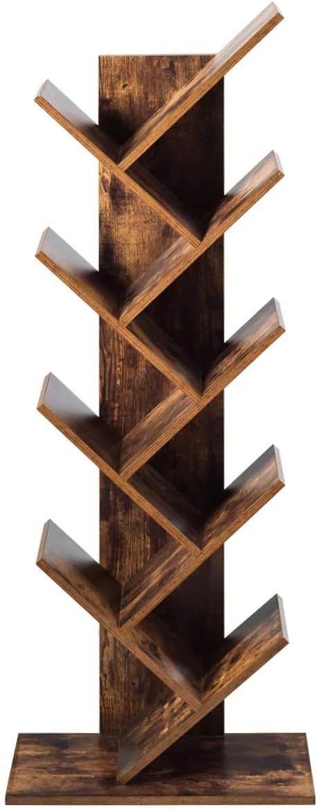 Tree Bookshelf, 9-Shelf Floor Standing Bookcase, Space Saving CDs/Albums/Books Holder for Living Room, Home Office, Book Organizer w/Anti-toppling Device (Rustic Brown)