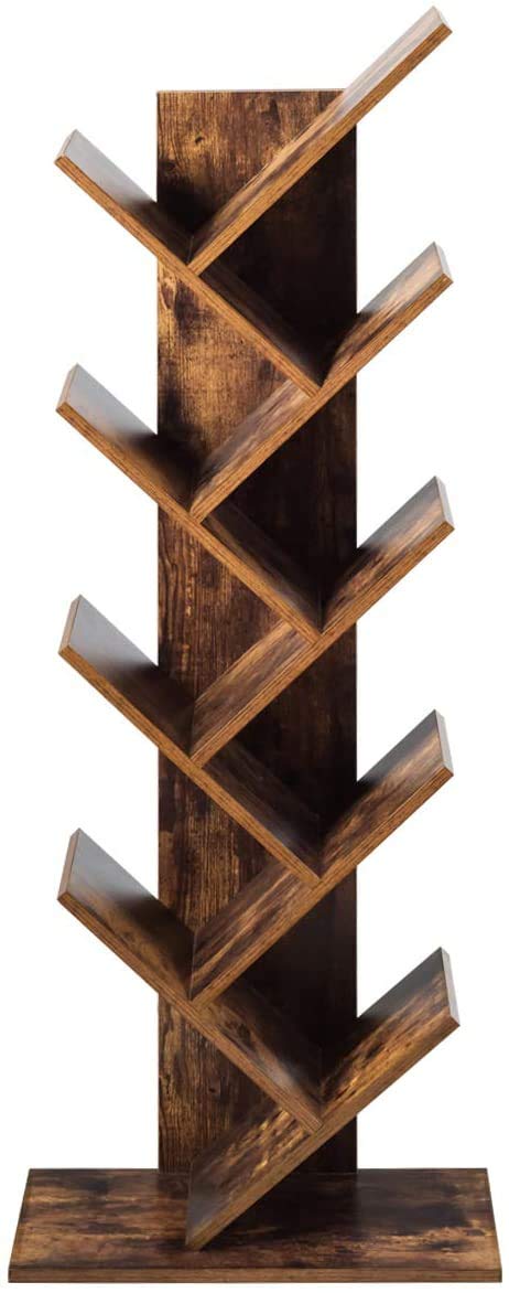 Tree Bookshelf, 9-Shelf Floor Standing Bookcase, Space Saving CDs/Albums/Books Holder for Living Room, Home Office, Book Organizer w/Anti-toppling Device (Rustic Brown)